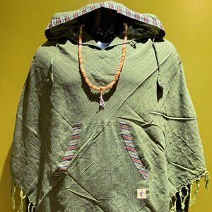 Cotton Diamond-Cut Front Pocket Hoodie Poncho - Solid (Green)